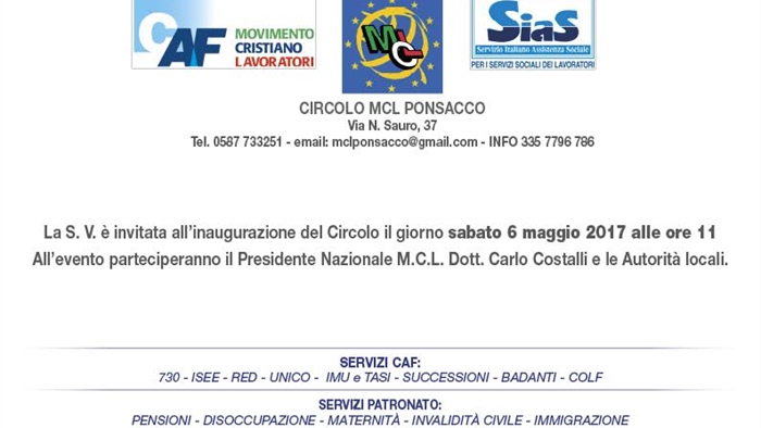 Ponsacco (PI): inaugurazione nuovo "Circolo MCL Ponsacco"